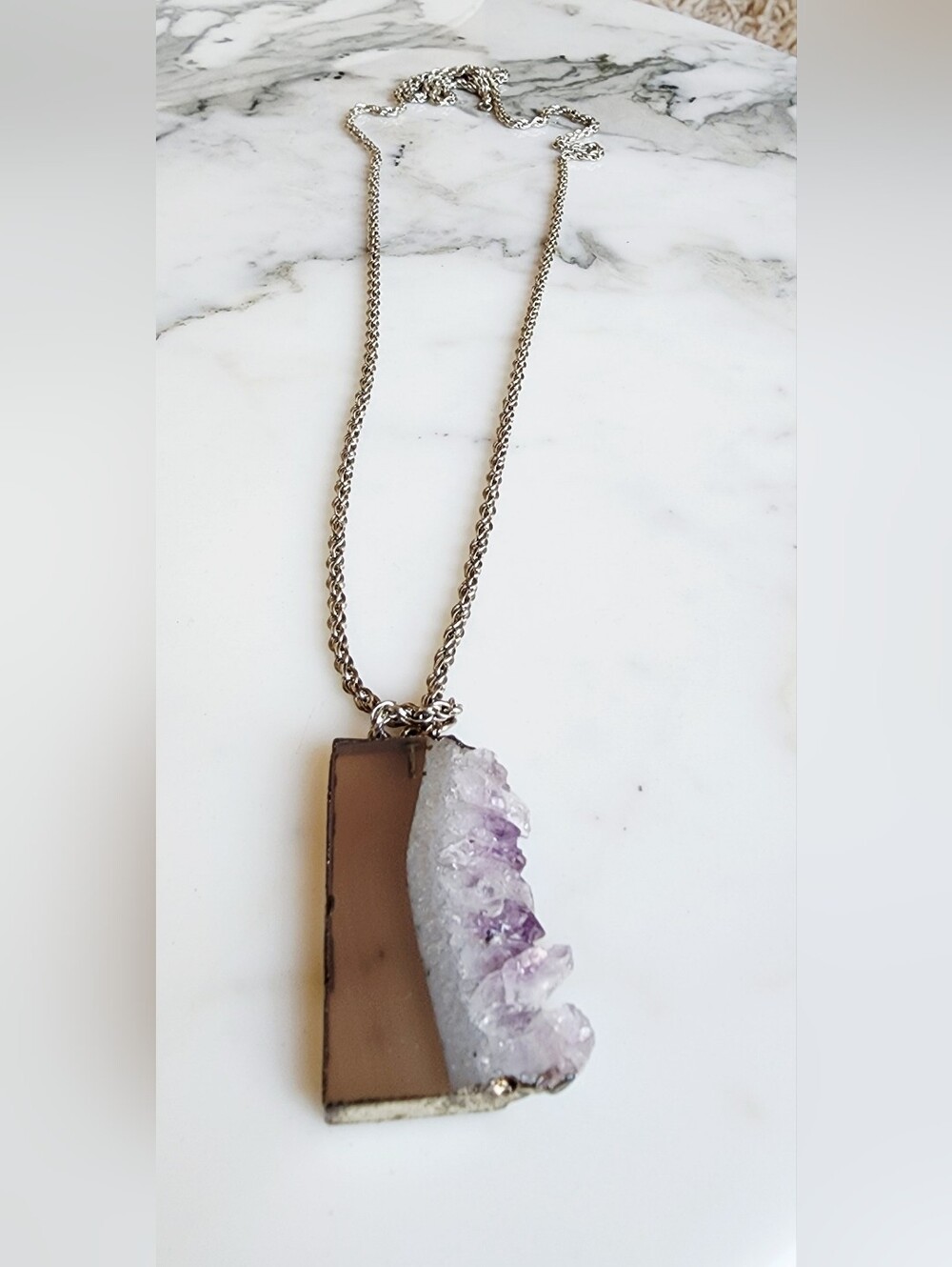 Amethyst Crystal Druzy Pendant Necklace - Silver Chain